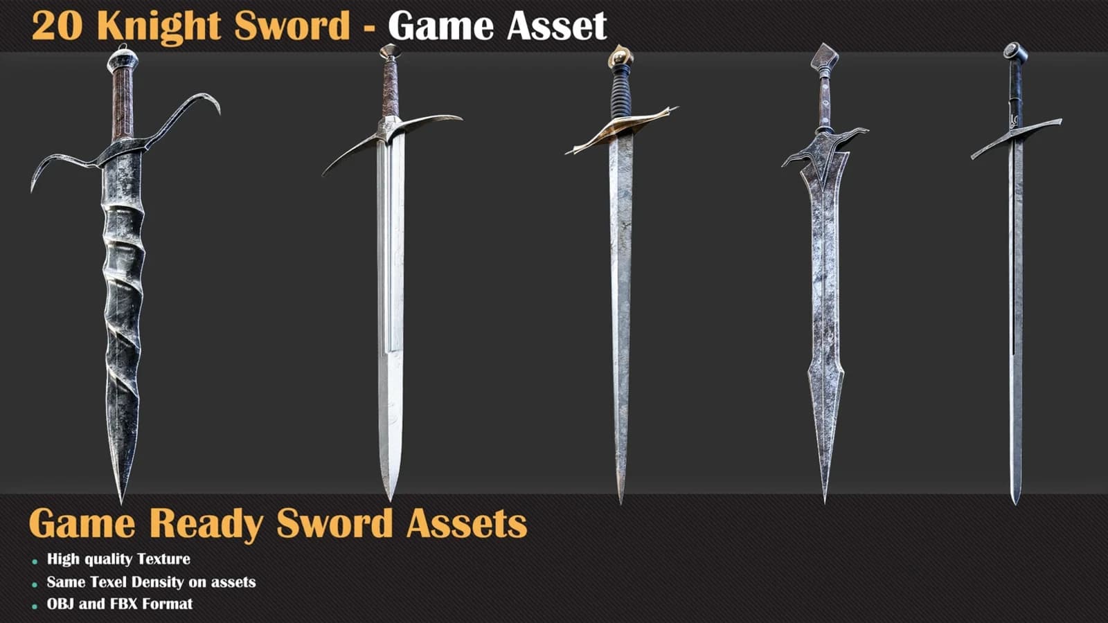 20 Knight Sword with Texture - Game Asset — preview 3