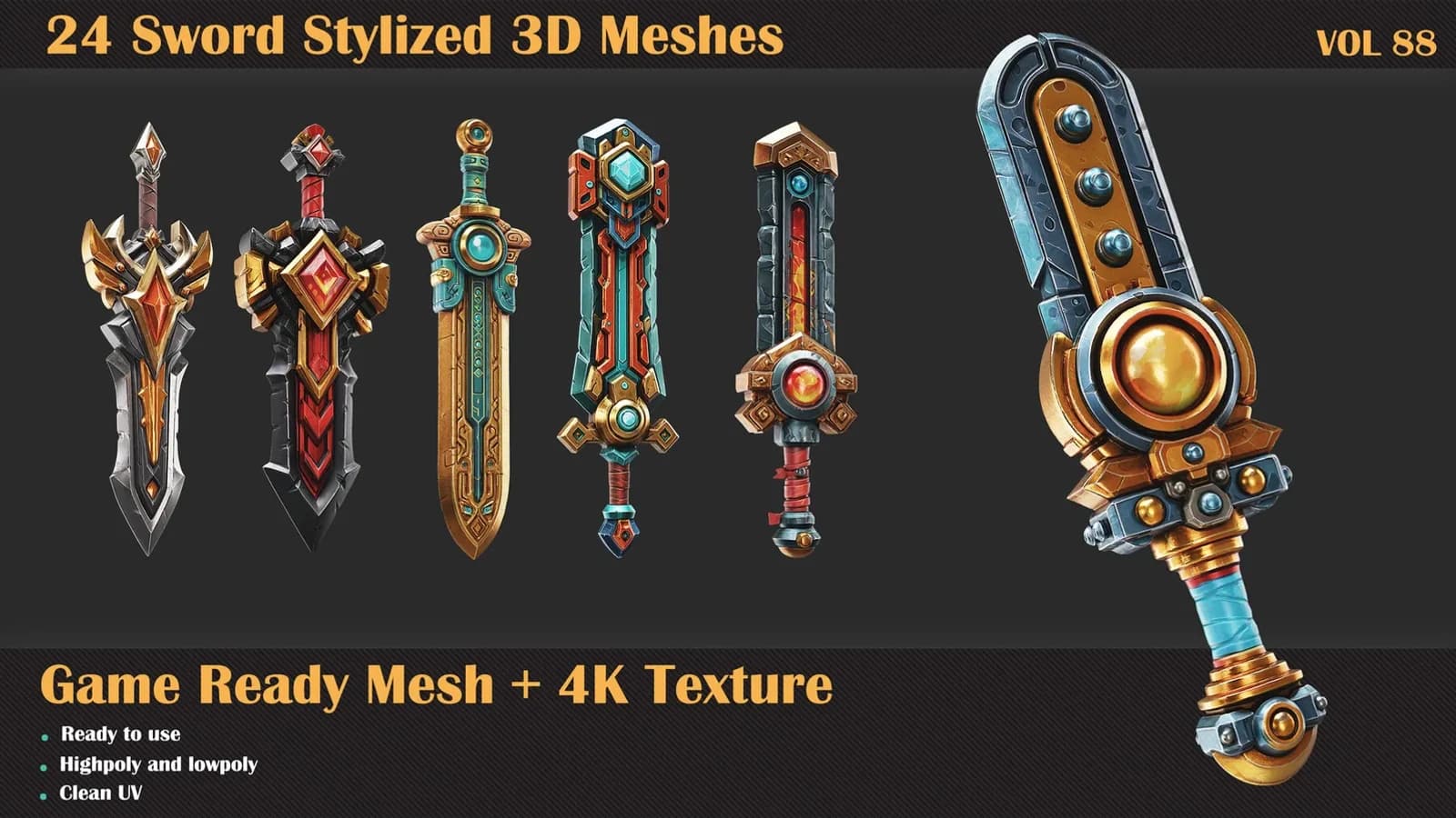 24 Sword Stylized 3D Meshes — VOL 88