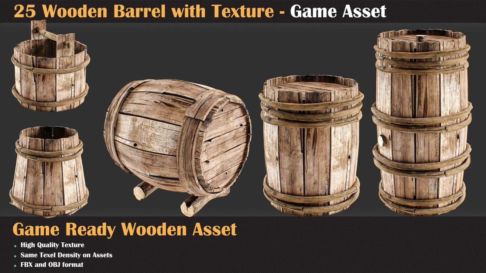 25 Wooden Barrel with Texture - Game Asset — preview 3