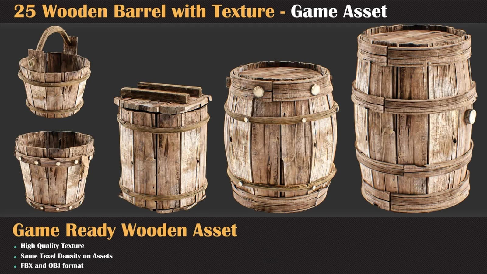 25 Wooden Barrel with Texture - Game Asset — preview 4
