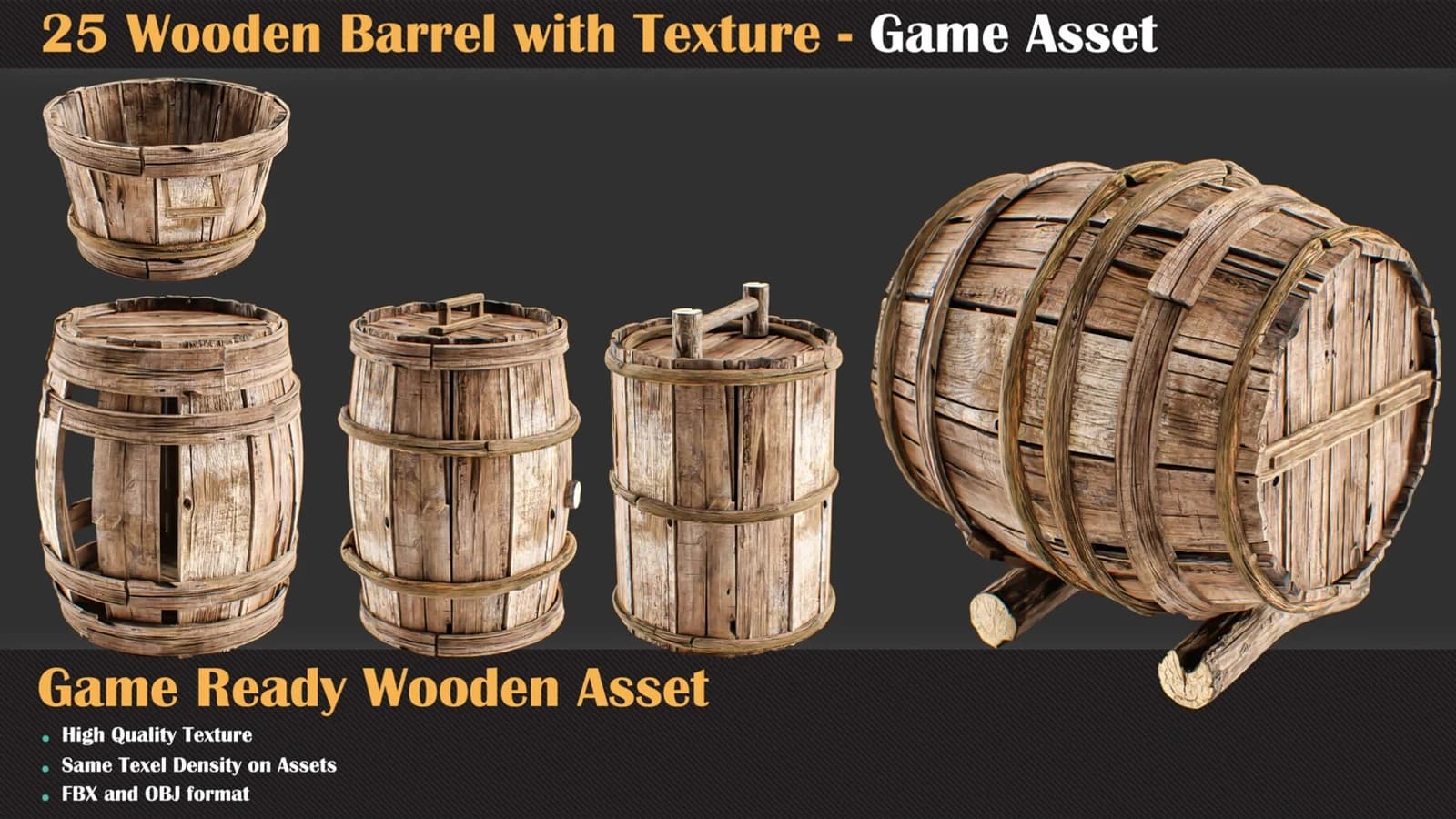 25 Wooden Barrel with Texture - Game Asset — preview 7
