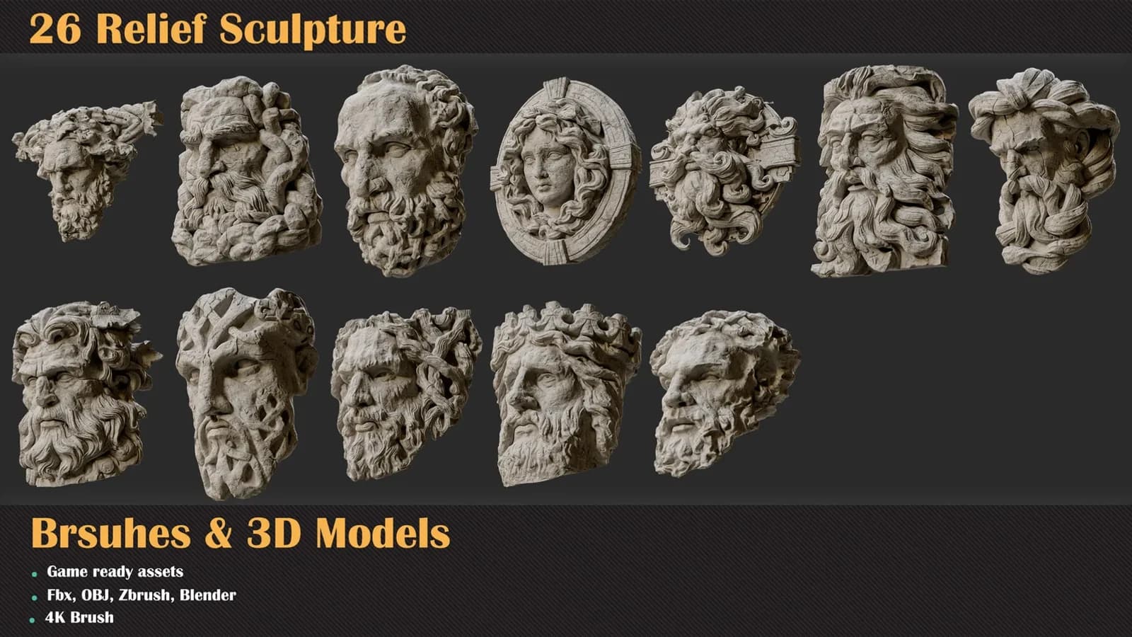 26 Relief Sculpture Brushes & 3D Models — preview 3