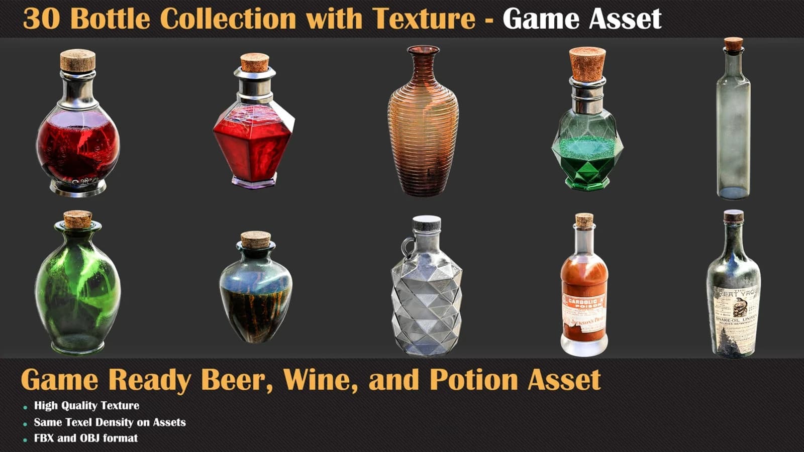 30 Bottle Collection with Texture - Game Asset — preview 3