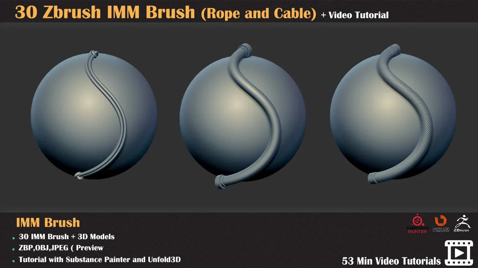 30 ZBrush IMM Brush (Rope and Cable) +Texturing Tutorial — preview 4