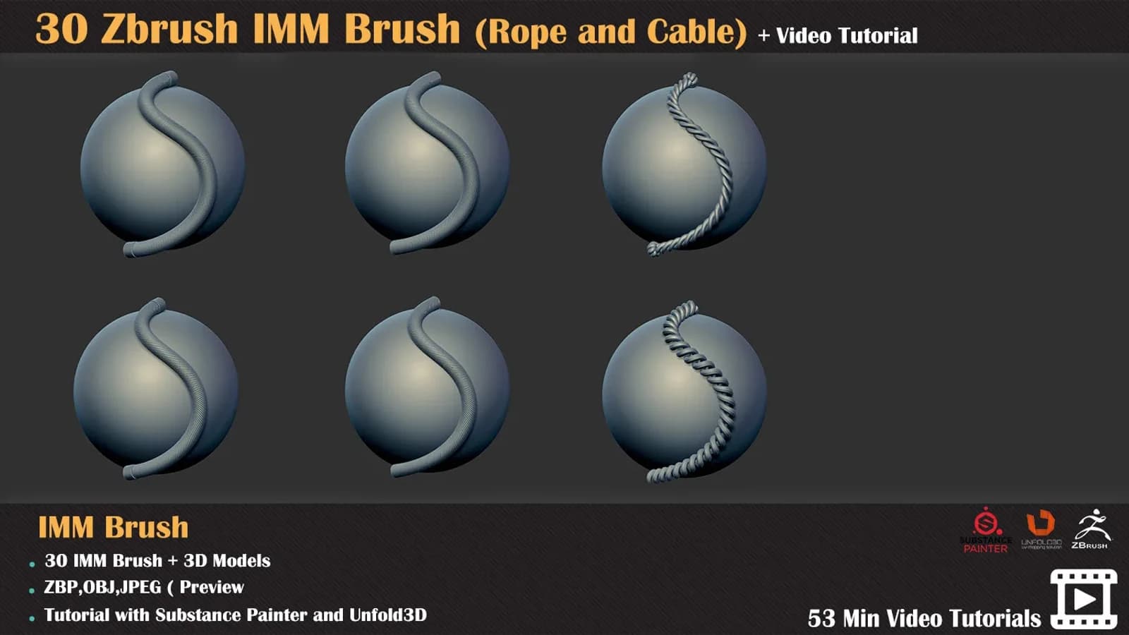 30 ZBrush IMM Brush (Rope and Cable) +Texturing Tutorial — preview 8