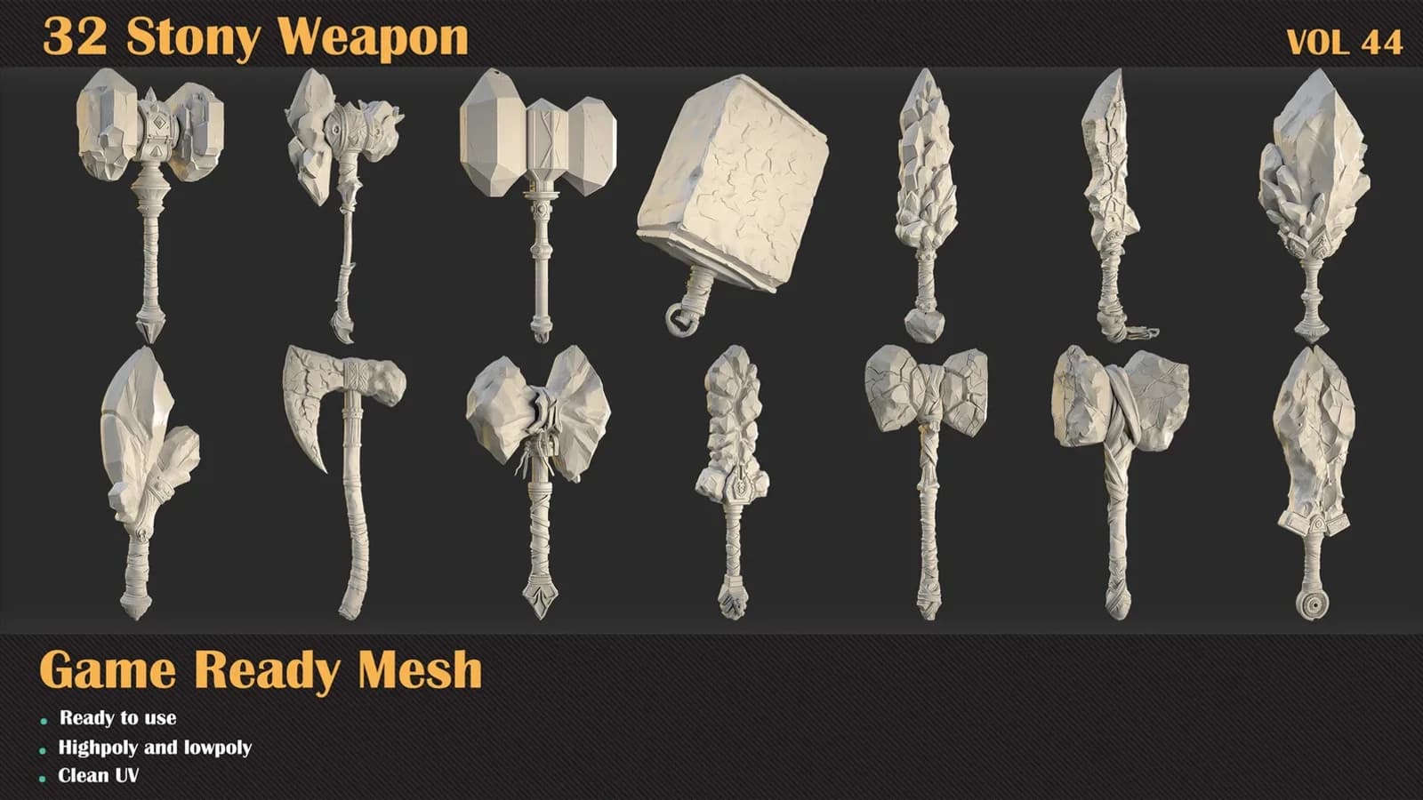 32 Stony Weapon 3DMeshes — VOL 44 — preview 6