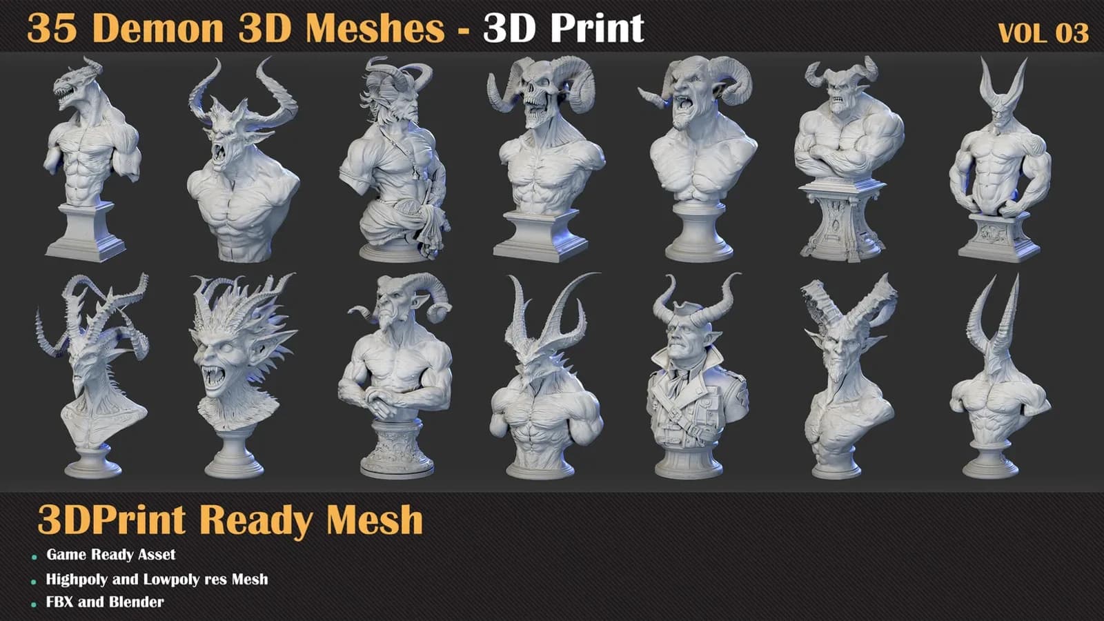 35 Demon 3D Meshes – 3D Print Ready & Game Ready — VOL 03 — preview 3