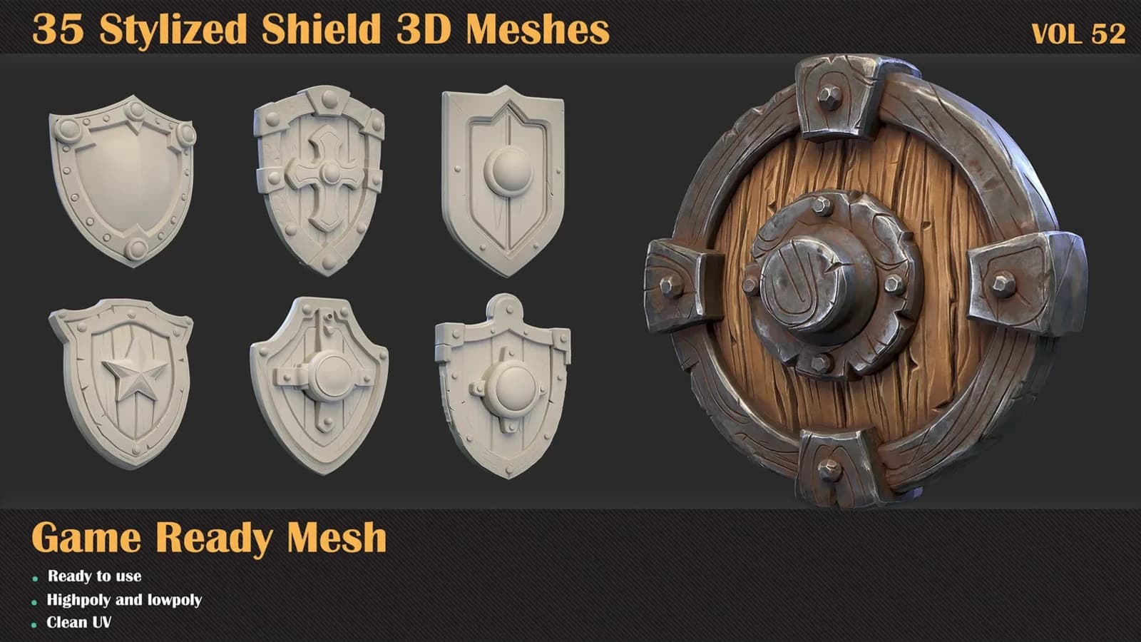 35 Stylized Shield 3D Meshes — VOL 52