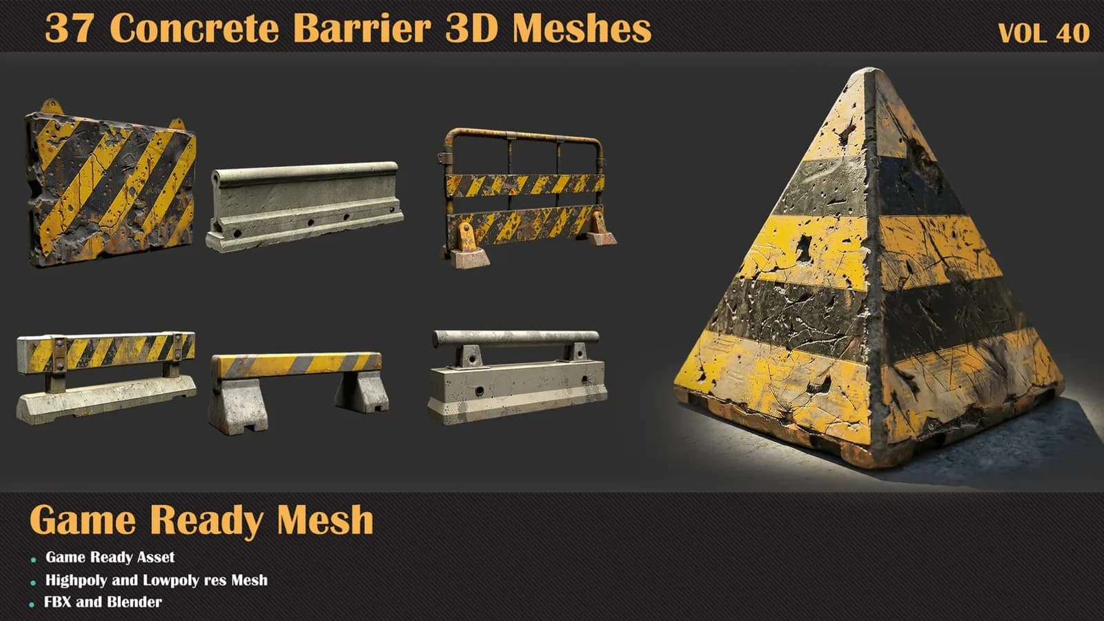 37 Concrete Barrier 3D Meshes — VOL 40