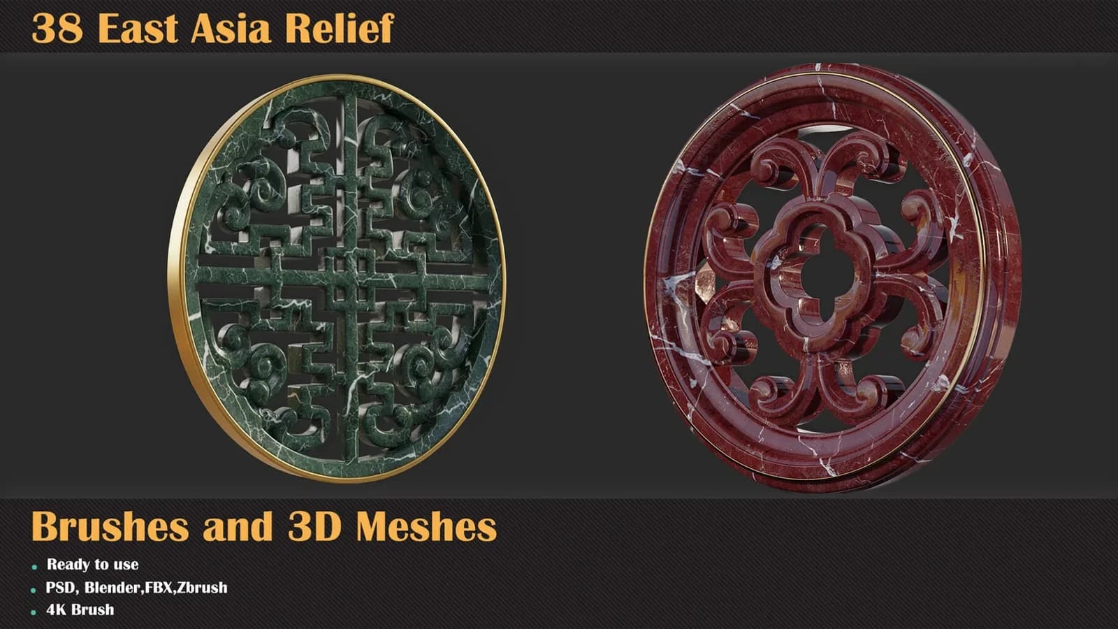 38 East Asia Relief Brushes & 3D Meshes