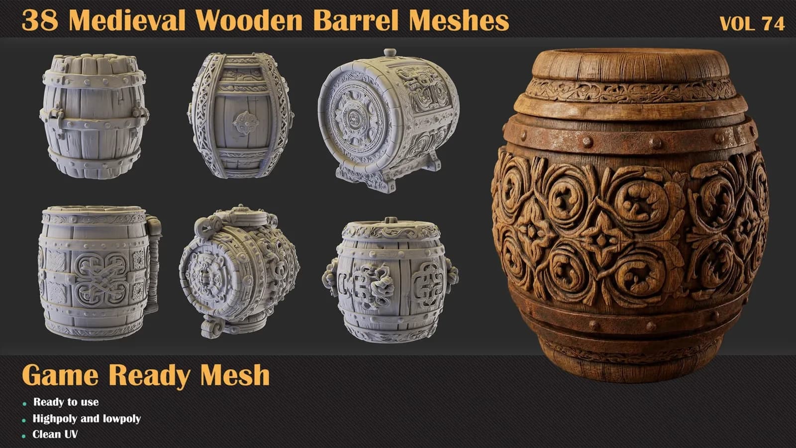 38 Medieval Wooden Barrel 3D Meshes — VOL 74