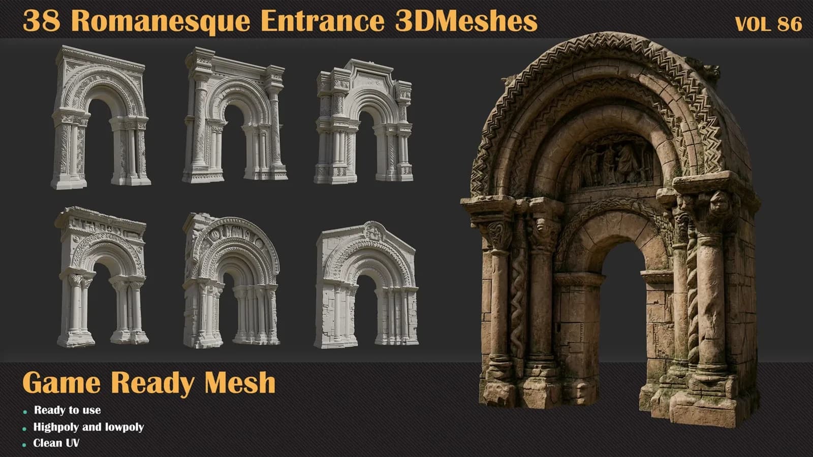 38 Romanesque Entrance 3D Meshes — VOL 86