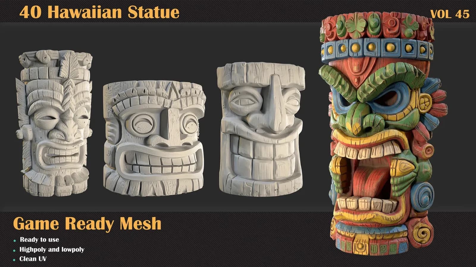 40 Hawaiian Statue 3D Meshes — VOL 45
