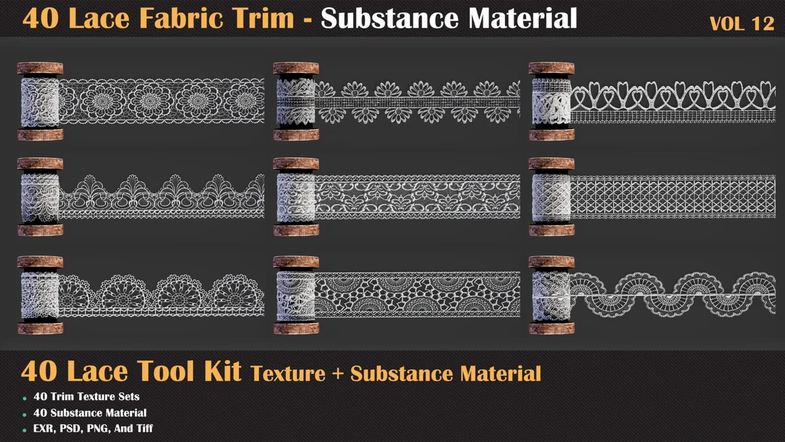 40 Lace Fabric Trim Pattern + Substance Tools — VOL 12 — preview 3