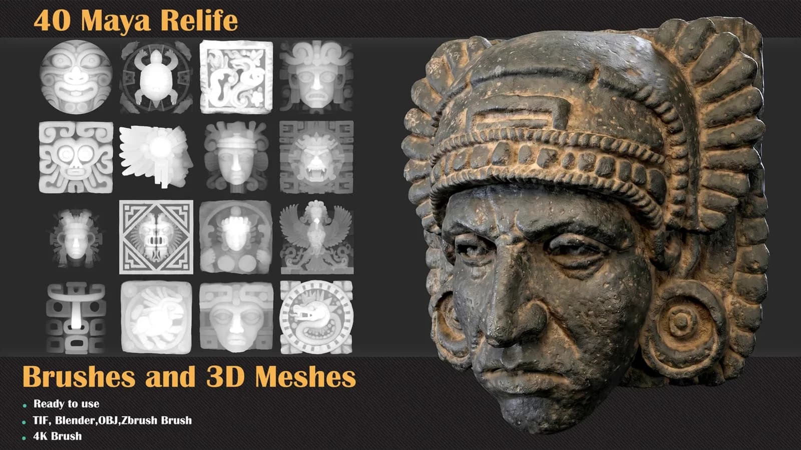40 Maya Relief Brushes & 3D Meshes