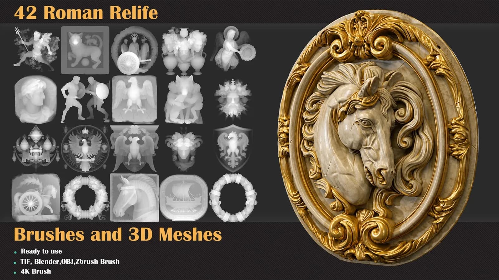 42 Roman Relief Brushes & 3D Meshes