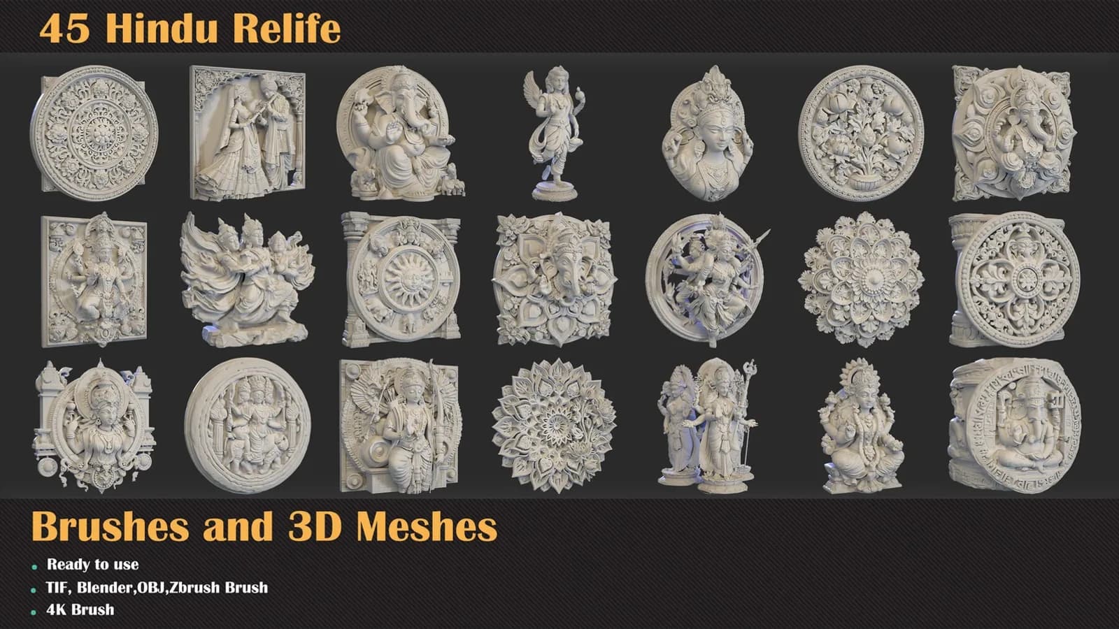 45 Hindu Relief Brushes & 3D Meshes — preview 3