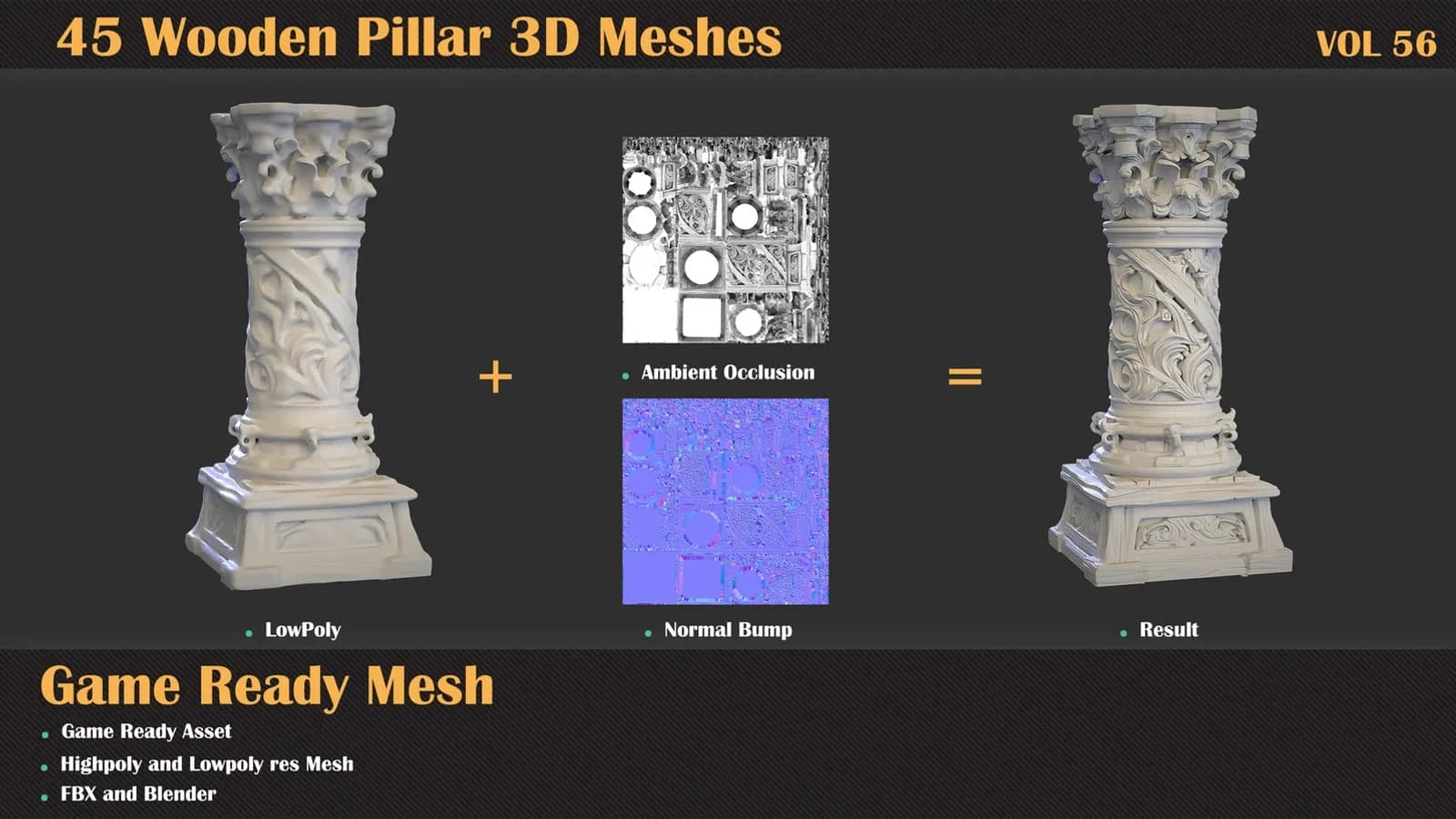 45 Wooden Pillar 3D Meshes — VOL 56 — preview 3