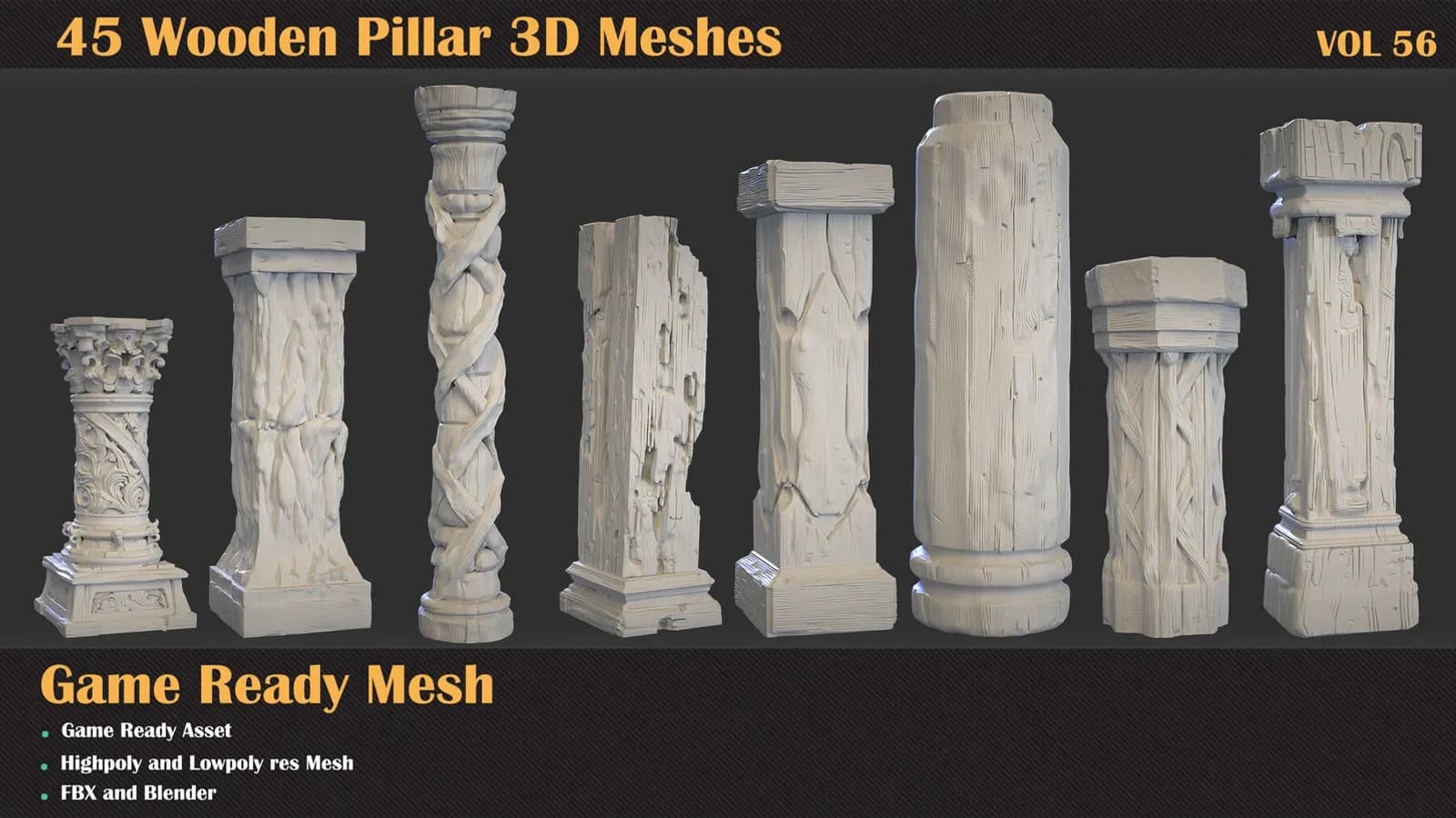 45 Wooden Pillar 3D Meshes — VOL 56 — preview 7