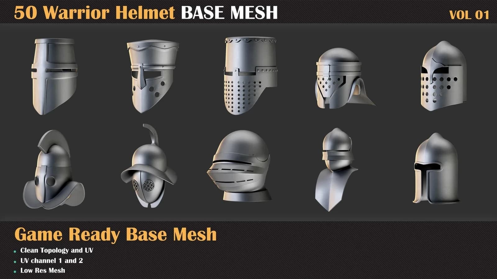 50 Warrior Helmet Base Mesh — VOL 01 ( Game Ready ) — preview 5