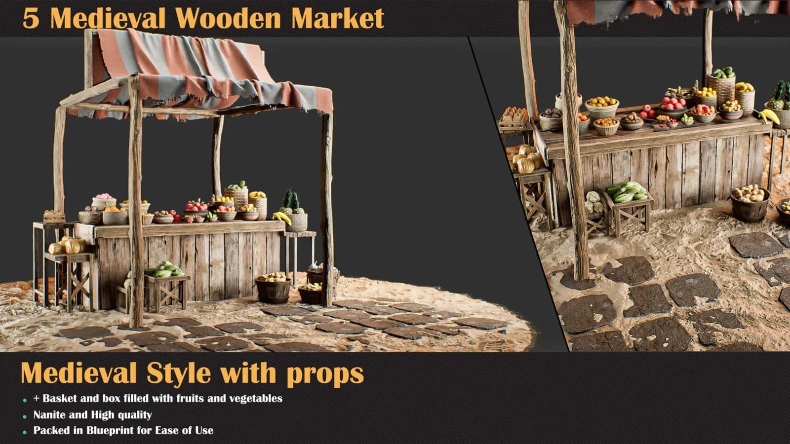 Medieval Wooden Market Pack – Full Set with Props — preview 2