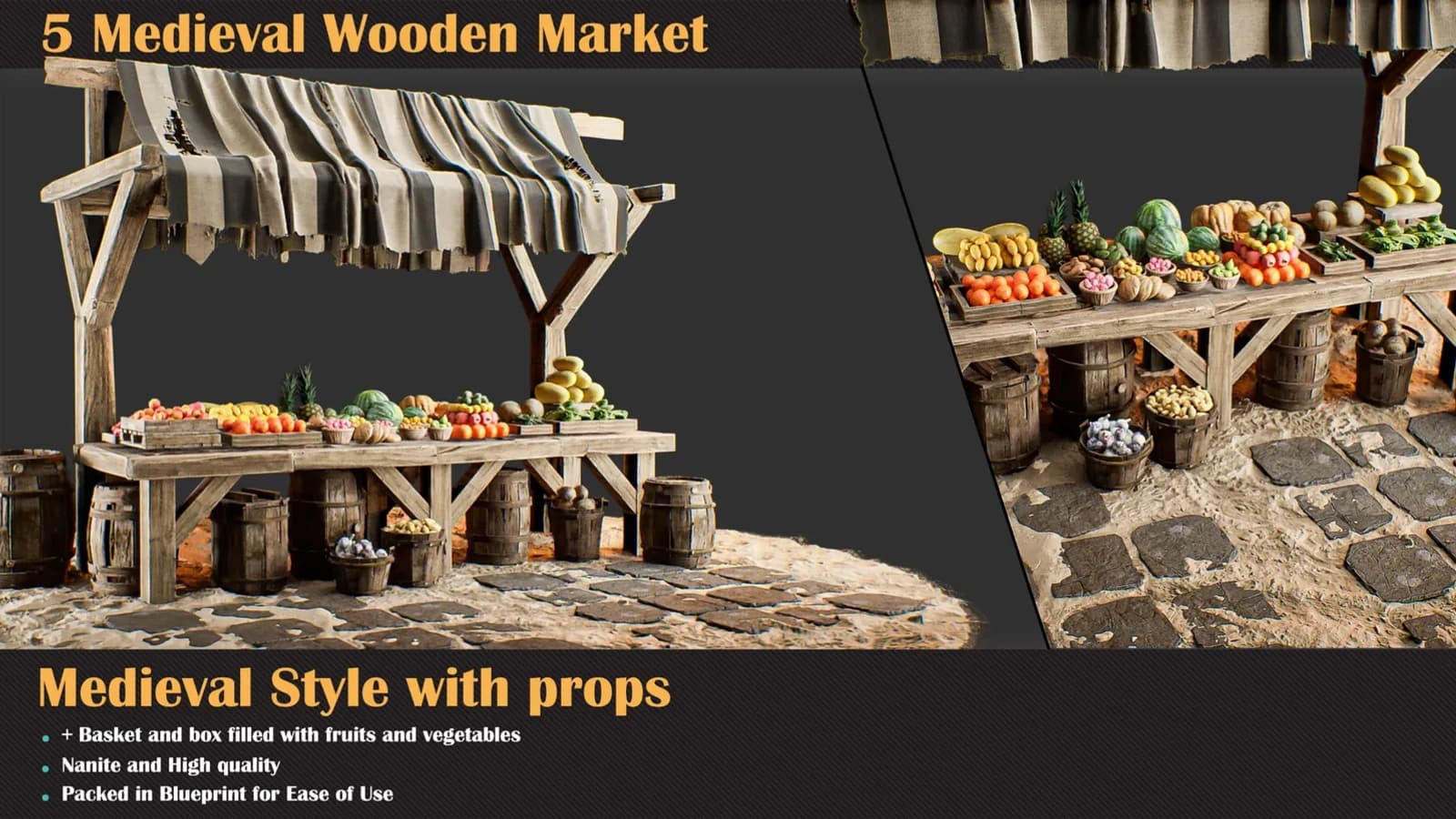 Medieval Wooden Market Pack – Full Set with Props — preview 4