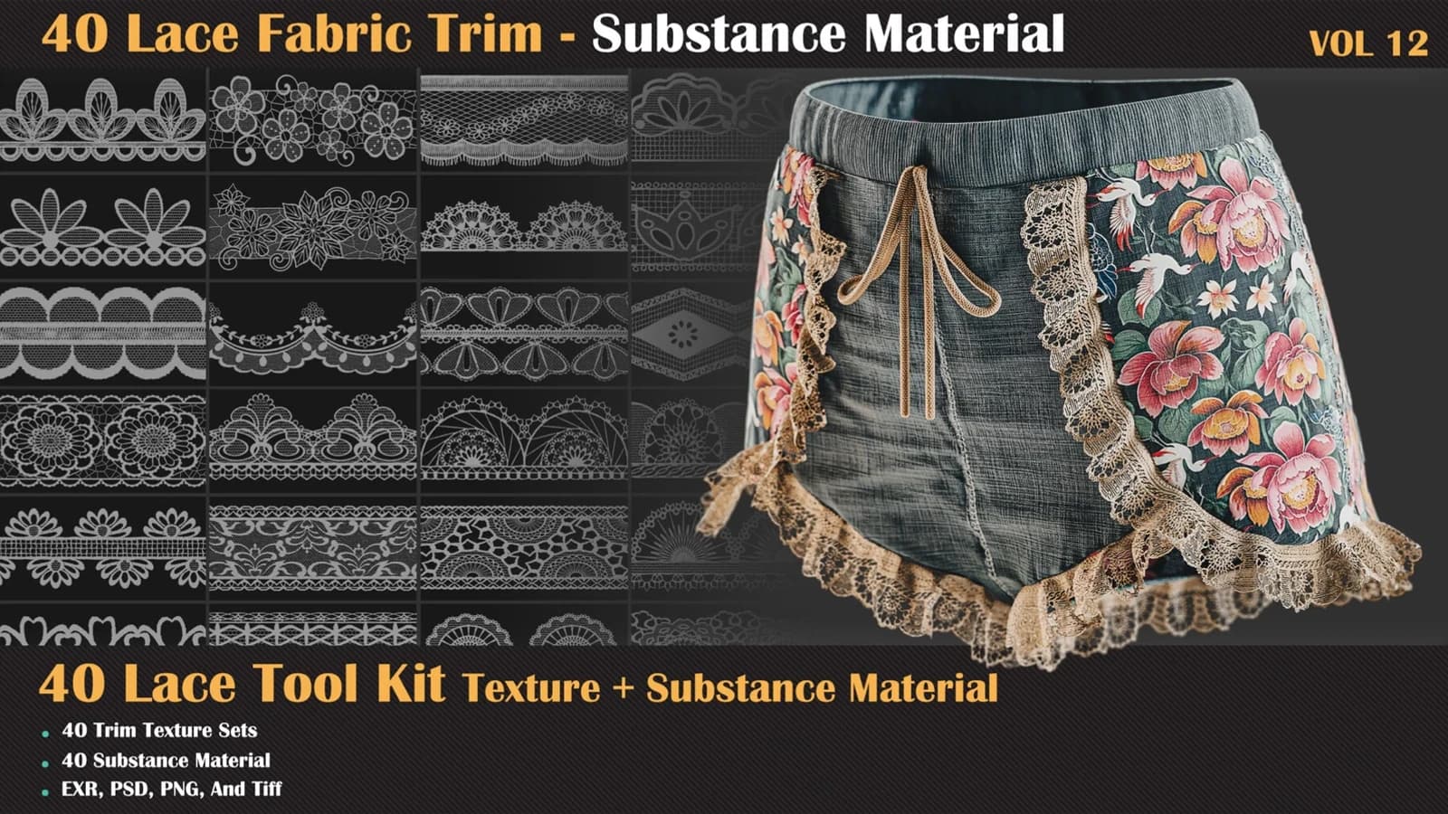 40 Lace Fabric Trim Pattern + Substance Tools — VOL 12